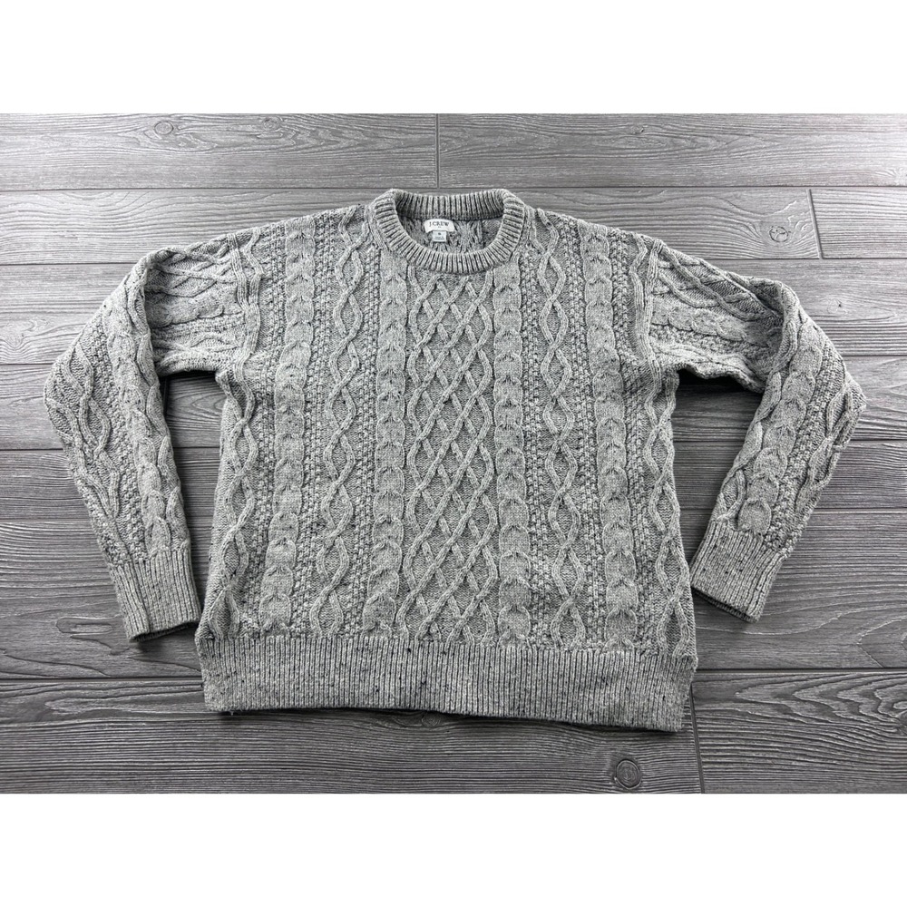 J.Crew Mens Small Grey Cable Knit Crewneck Sweater Cotton Blend Speckled Top